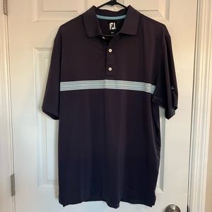 Men’s navy blue, white and baby blue golf shirt, size medium